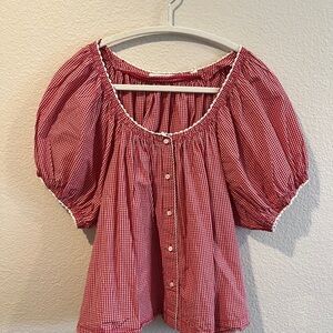 Doen Red Gingham Puff Sleeve Button Front Women’s Top